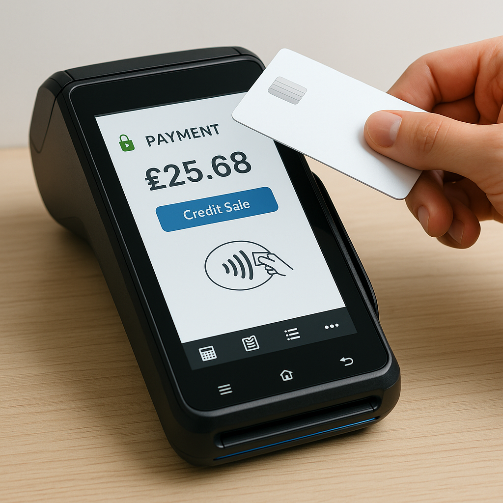 Person paying with a contactless card on a point-of-sale terminal, showing £25.68 transaction.
