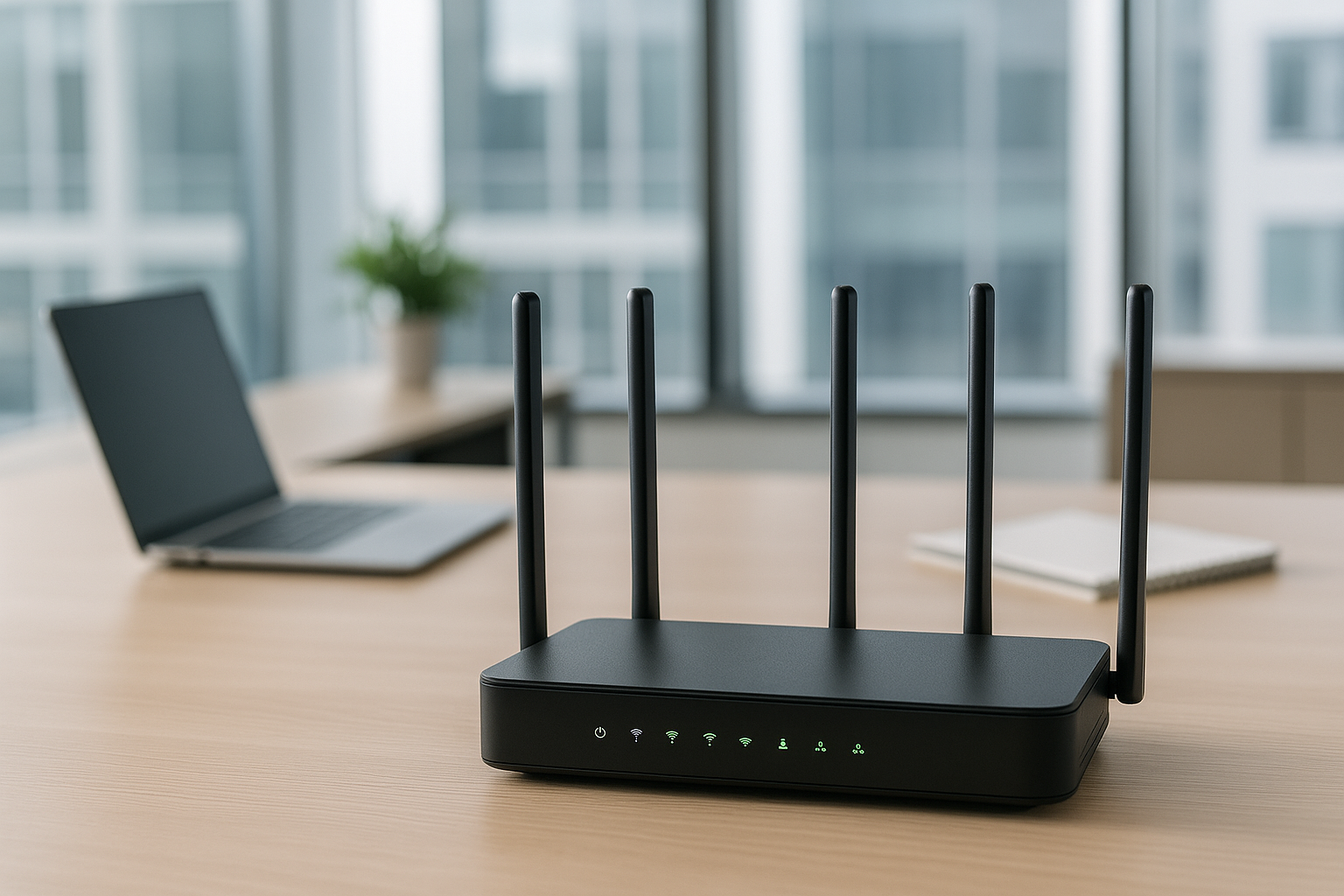 Black router with antennas on a desk, laptop and plant in background.