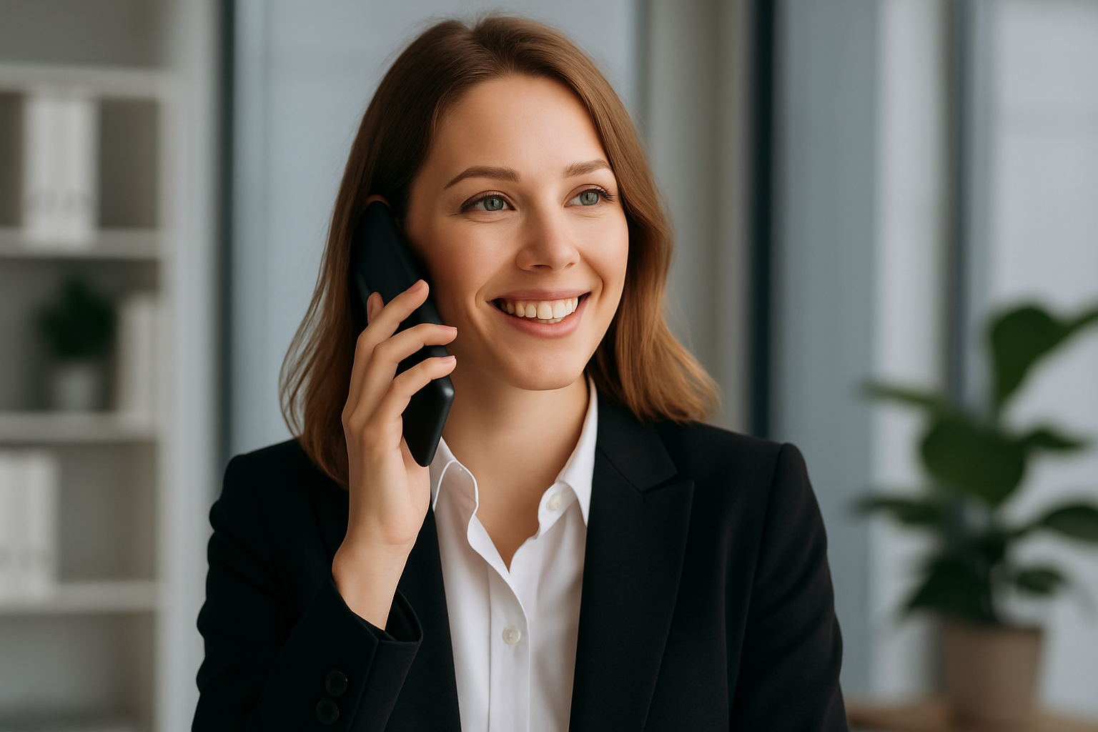 Woman in black blazer smiles while talking on the phone in an office setting.