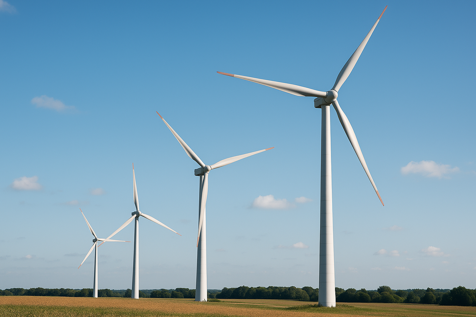 Wind turbines in a field under a blue sky.