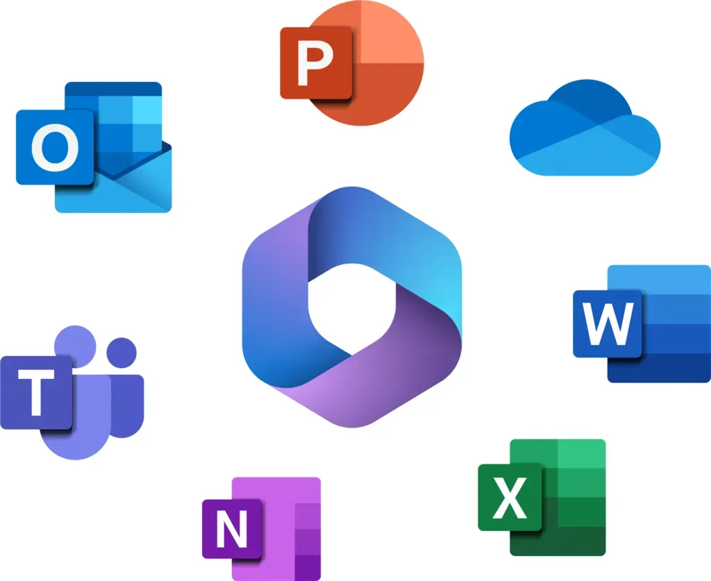 Microsoft Office apps logos: Outlook, PowerPoint, OneDrive, Word, Excel, OneNote, and Teams.
