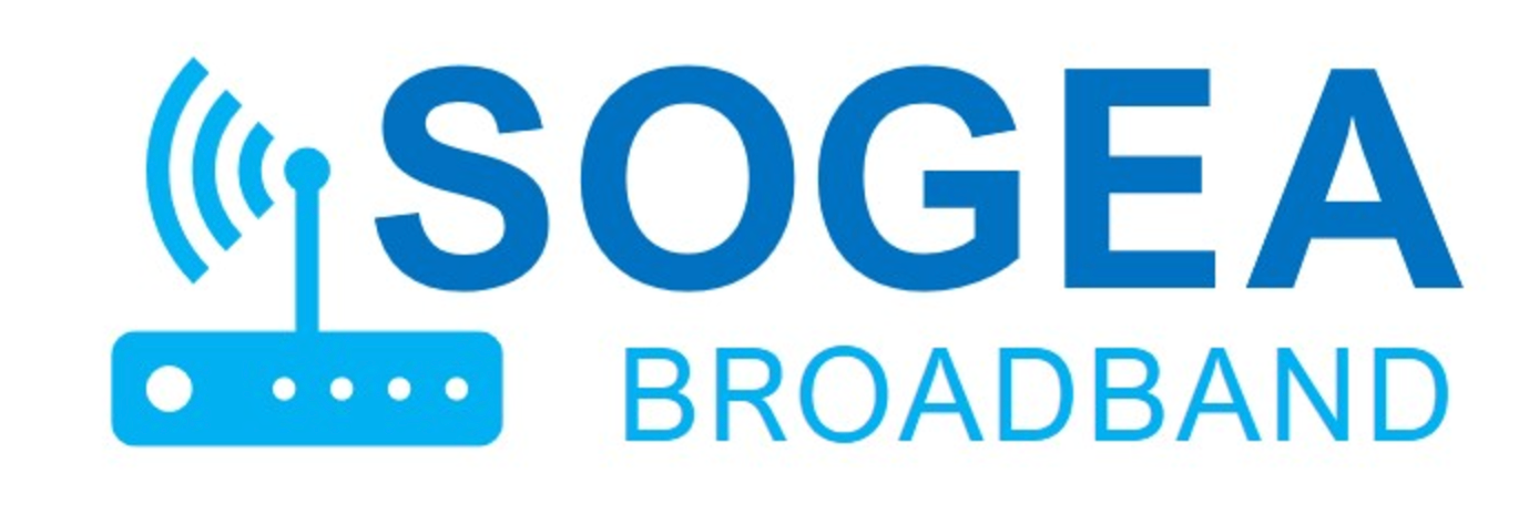 Logo for SOGEA Broadband, features a blue WiFi router icon, and blue text.