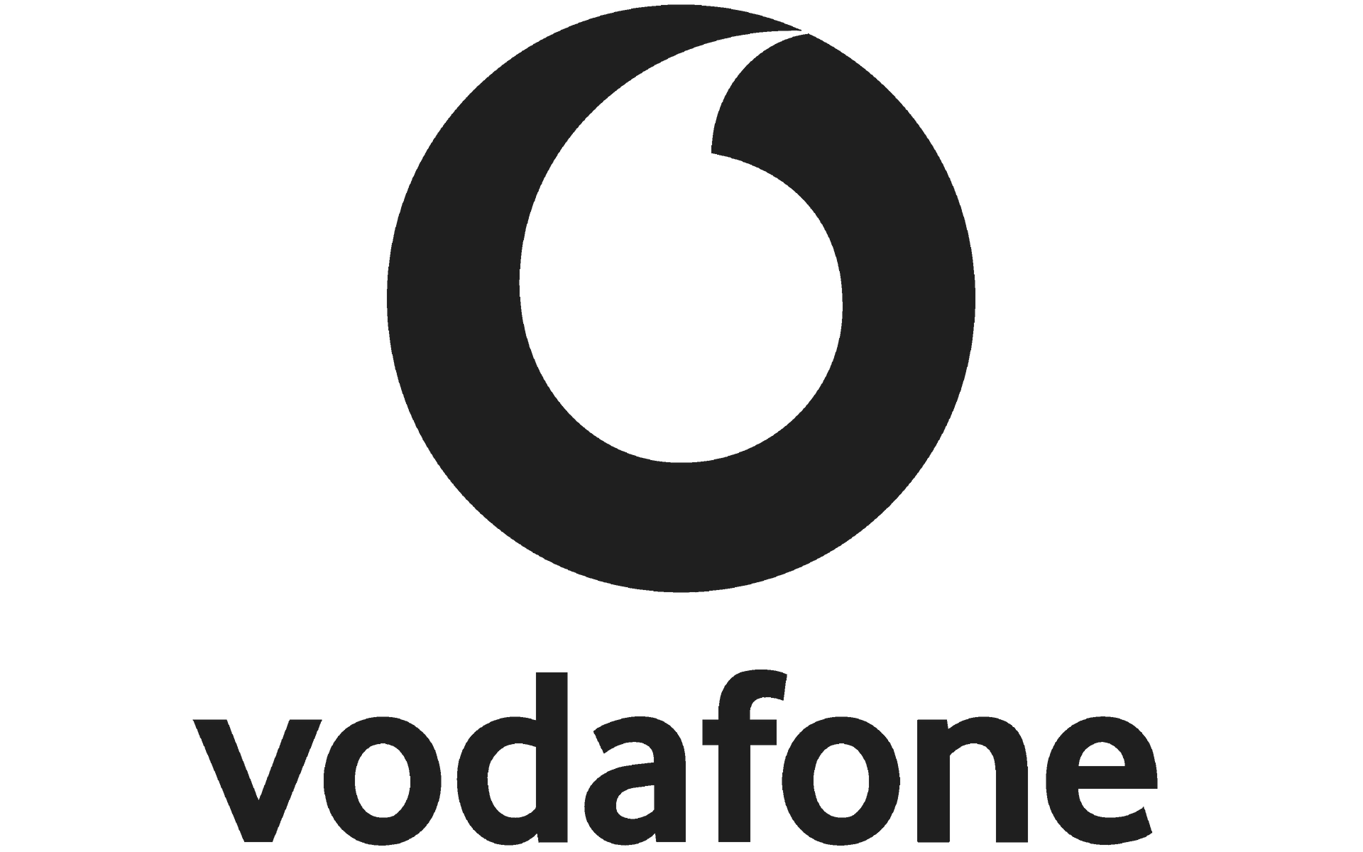 Vodafone logo: black speech mark within a black circle, text "vodafone" below.