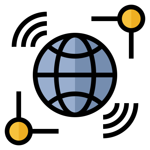 Globe surrounded by wireless communication signals and nodes.