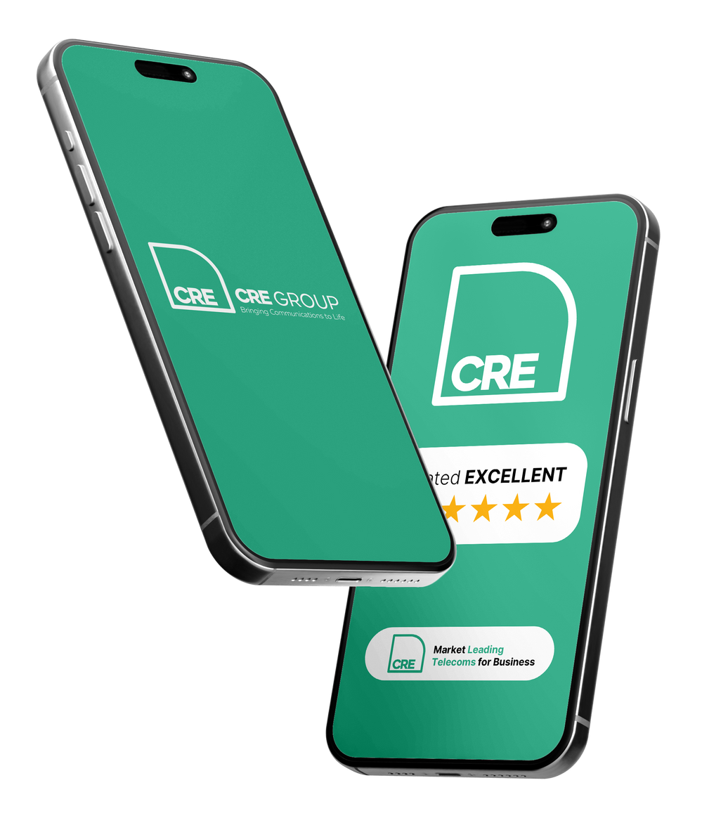 Two green smartphones displaying CRE Group branding, one showing a review with five stars.