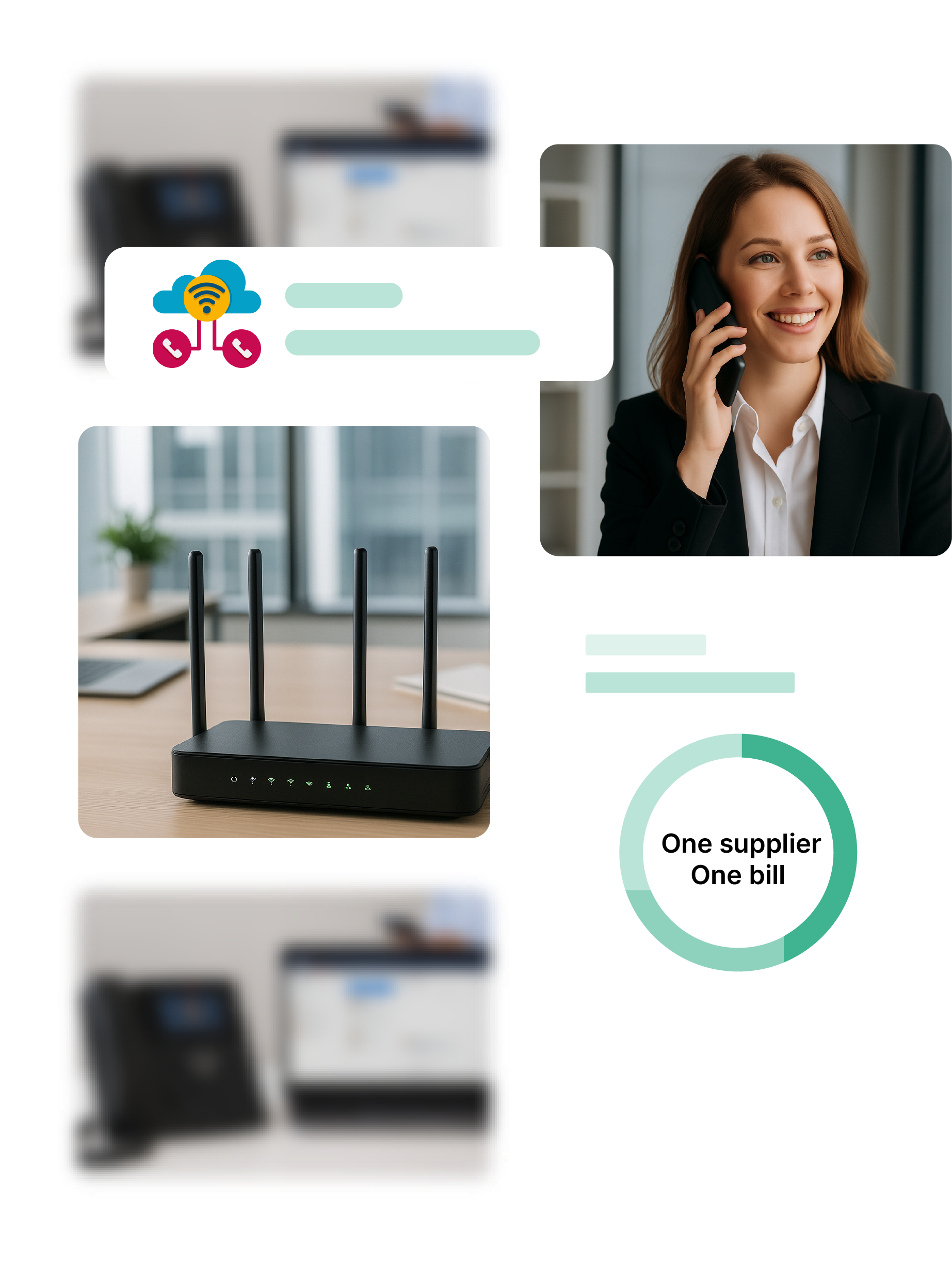 Woman on phone, cloud service icon, router, data usage chart.