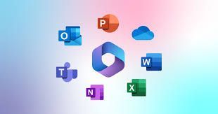 Logos of Microsoft Office apps (Outlook, PowerPoint, OneDrive, Word, Excel, OneNote, and Teams) surrounding a central Microsoft 365 icon.