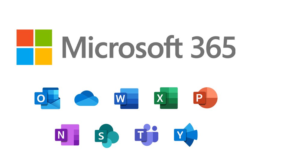 Microsoft 365 logo with icons for Outlook, OneDrive, Word, Excel, PowerPoint, OneNote, SharePoint, Teams, and Yammer.