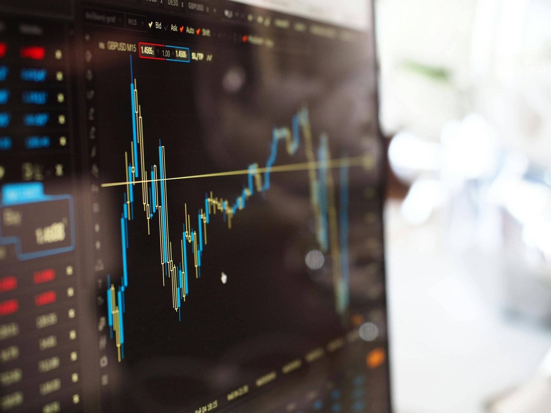 A computer monitor displays a stock market graph with blue and yellow lines, in an office setting.