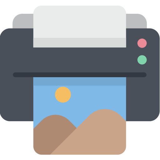 Printer printing a picture of a landscape with mountains and a sun.