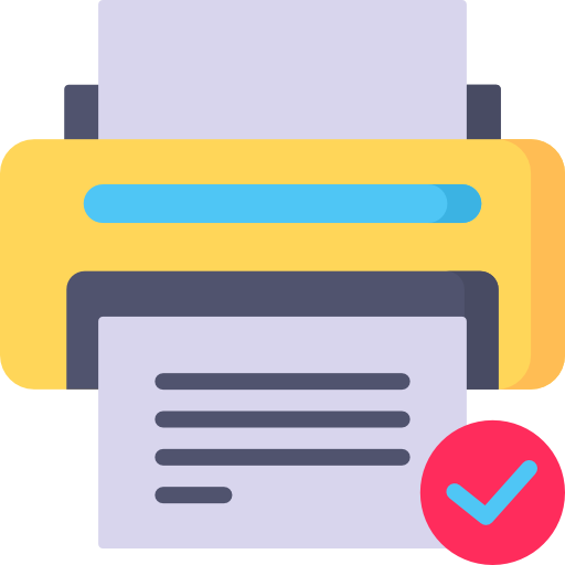 Yellow printer with a blue stripe, printing a document, a red checkmark indicates successful print.
