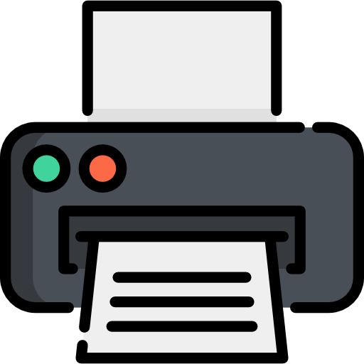 Printer with paper, green and red lights. Black and gray with white paper.