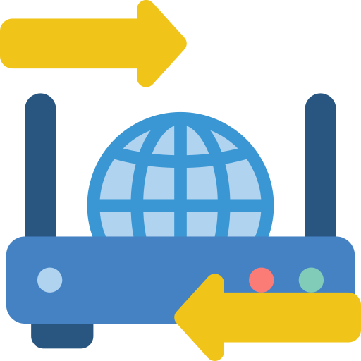 Blue router with globe symbol, yellow arrows indicate sending and receiving data.