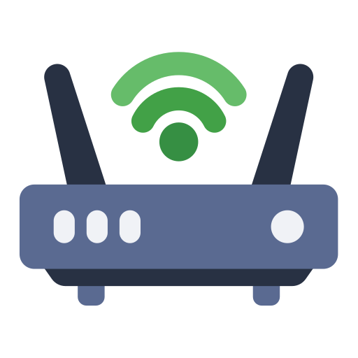Blue router with green Wi-Fi signal, black antennas, and white indicator lights.