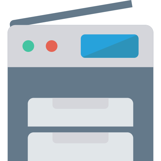 A flat illustration of a copier/printer. Grey with a blue display and two paper trays.