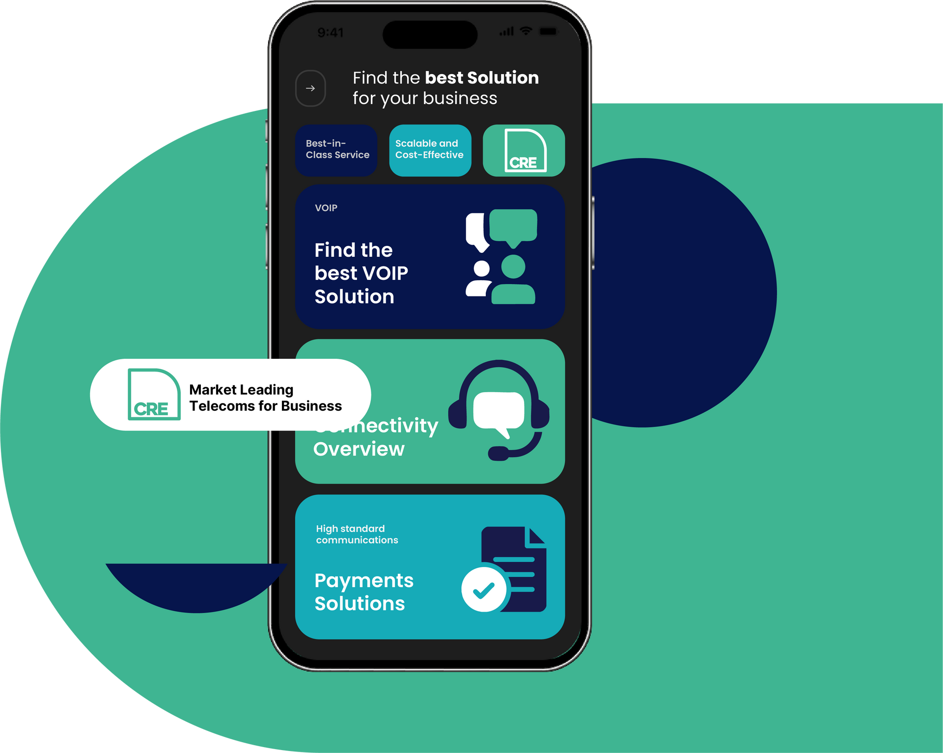 Smartphone screen with teal and navy buttons for VOIP, connectivity, and payment solutions.