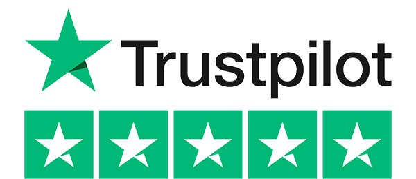 Trustpilot logo with green star and 5 star rating.
