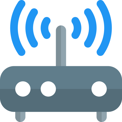 Blue Wi-Fi router with radiating signal waves.