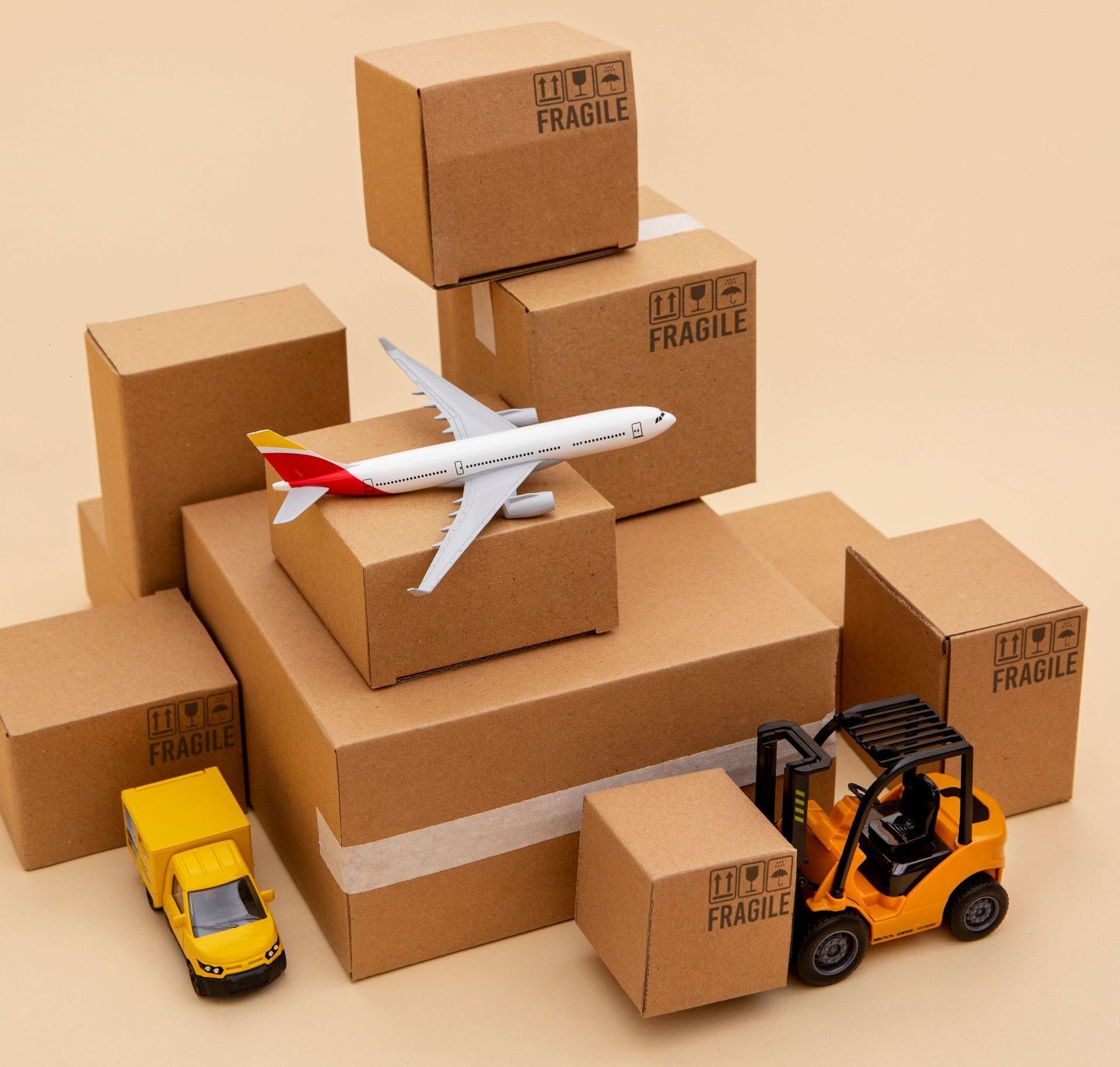 Shipping boxes with an airplane image