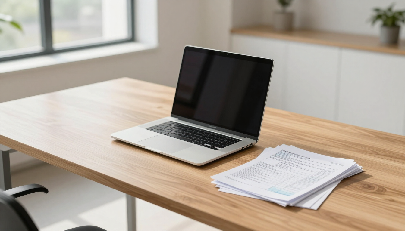 Laptop and notebook on a wooden desk in a bright office