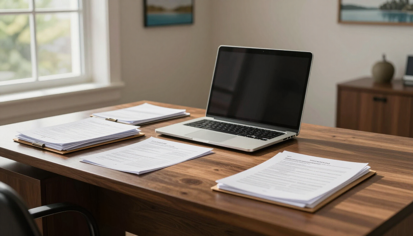 Notebook and laptop on a wooden table by a bright window