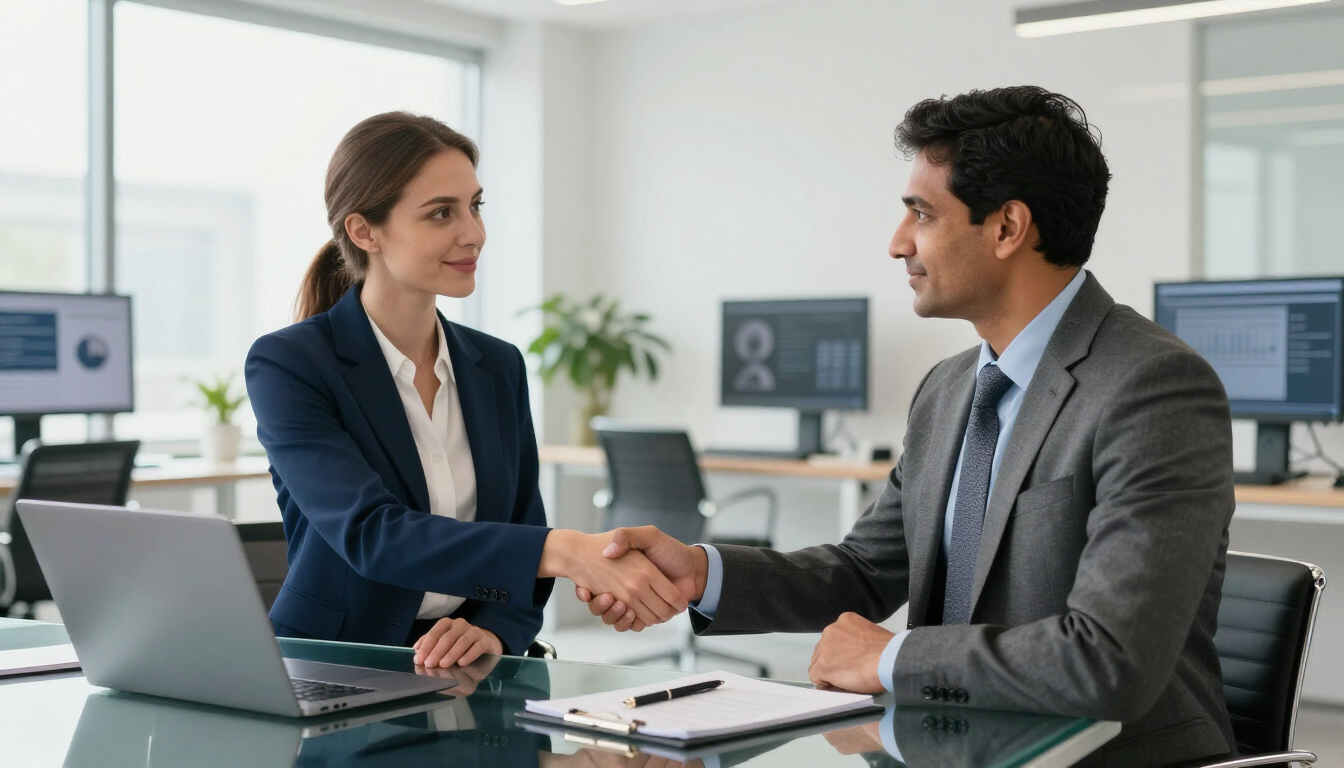Two professionals shaking hands across a desk in a bright office meeting room
