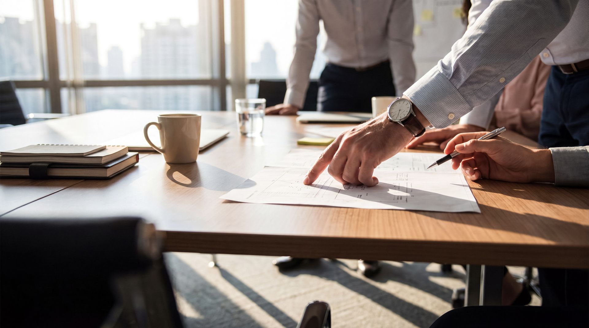 People in a bright office meeting around a wooden table, reviewing documents and coffee mugs.