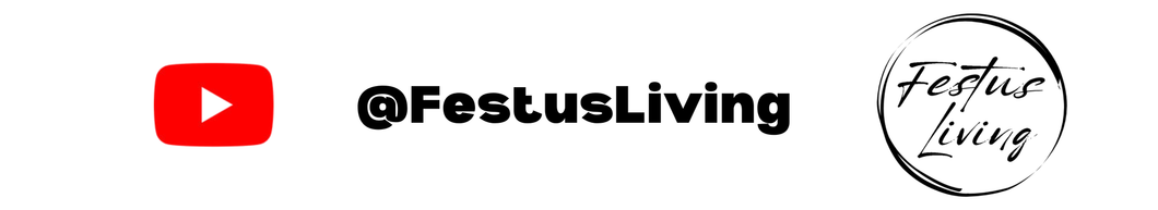 YouTube banner with @FestusLiving text and circular Festus Living logo on a white background