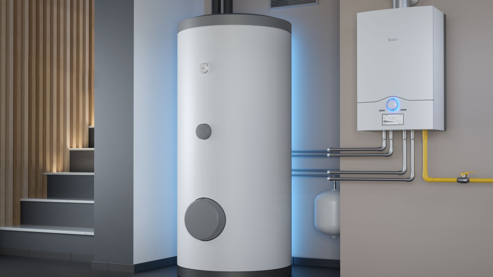 Modern home utility room with a white boiler and hot water tank, pipes on the wall, and stairs nearby