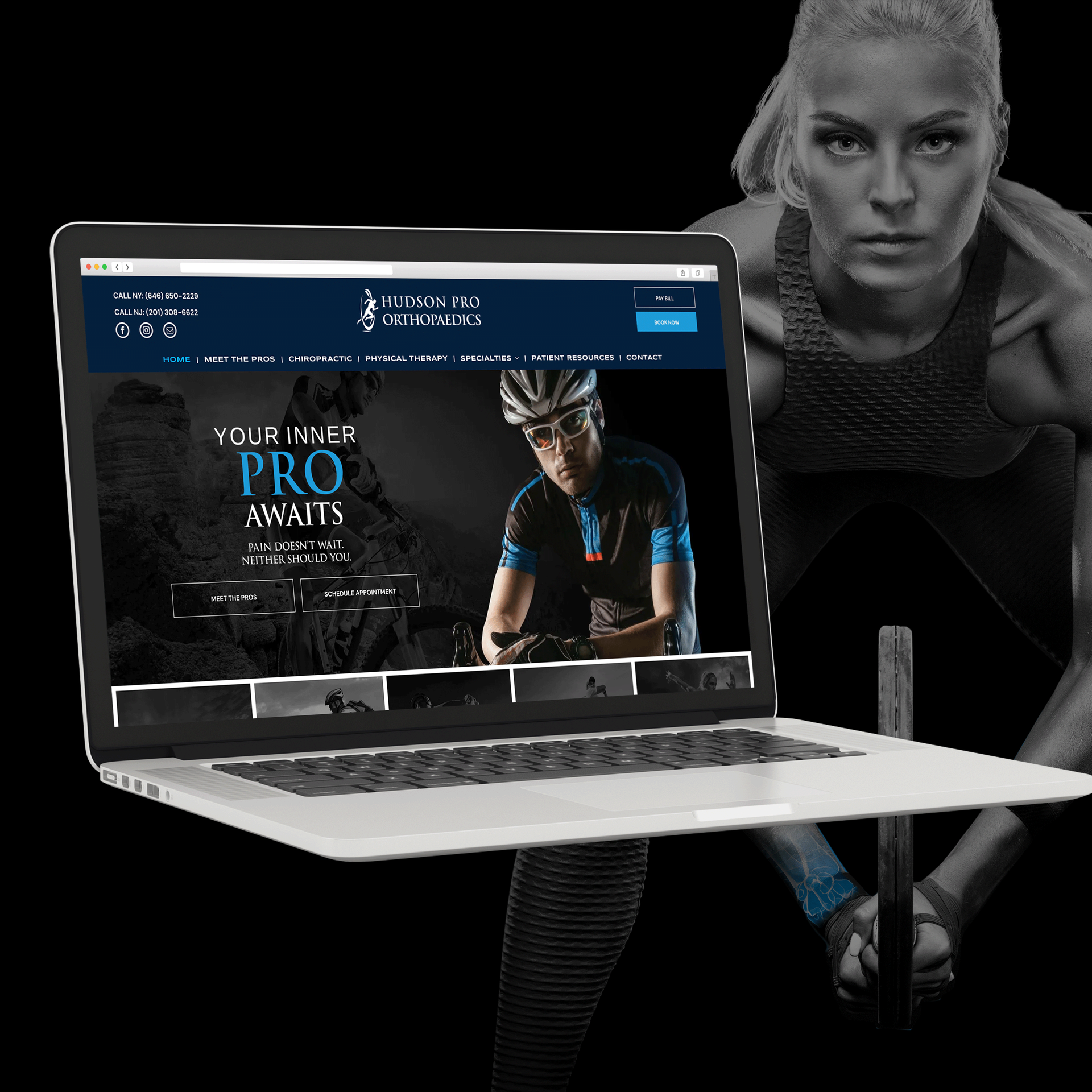 A woman is standing next to a laptop that says 