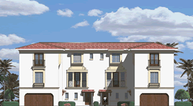 Photo of a white, Spanish-style three story duplex