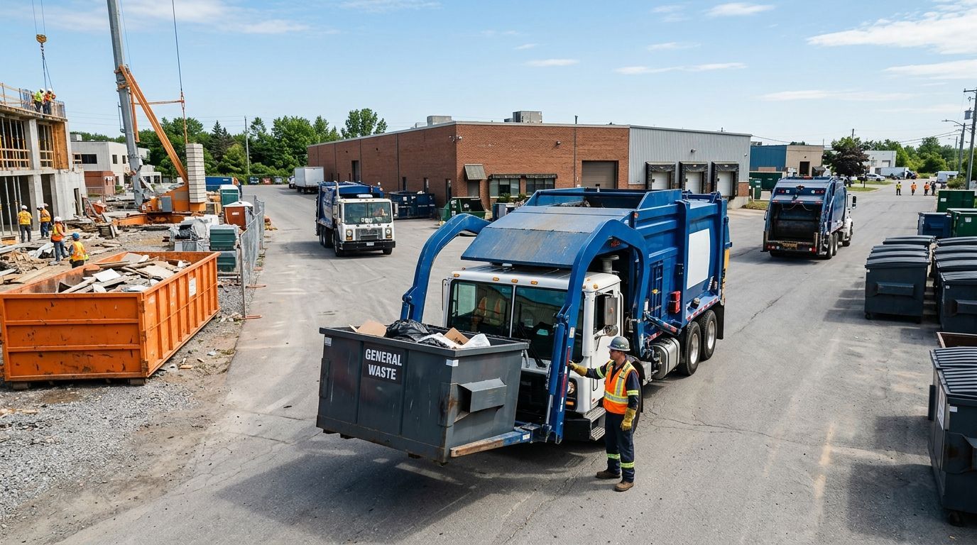 Garbage truck collecting trash on a city street in front of apartment buildings