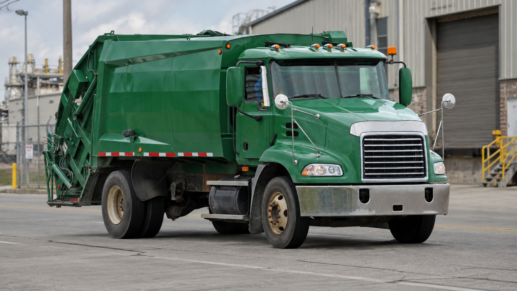 Garbage truck collecting trash on a city street in front of apartment buildings