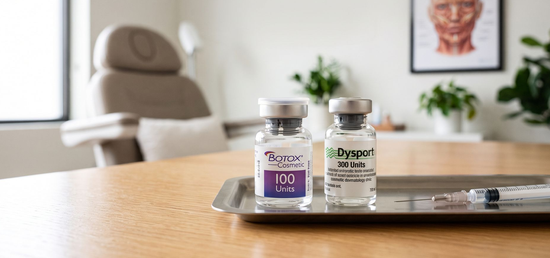 Two pill bottles on a wooden table in a bright office, with a stethoscope and chair in the background