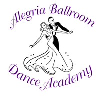 The logo for alegria ballroom dance academy shows a man and woman dancing together.