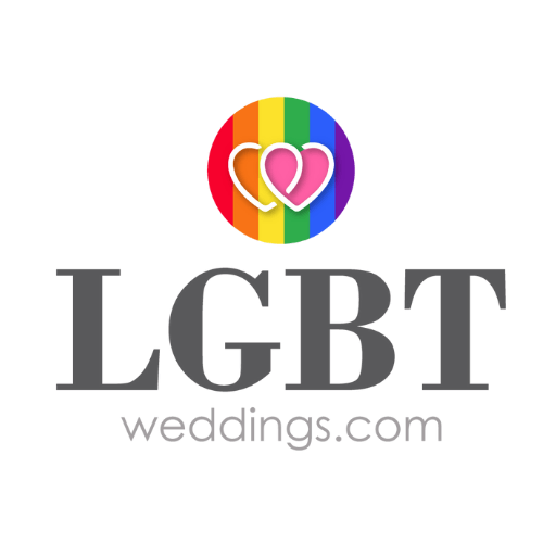 The logo for lgbt weddings.com has a rainbow circle with two hearts in it.