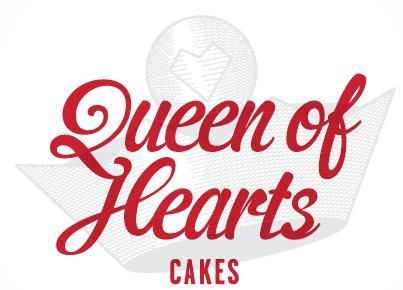 A red and white logo for queen of hearts cakes