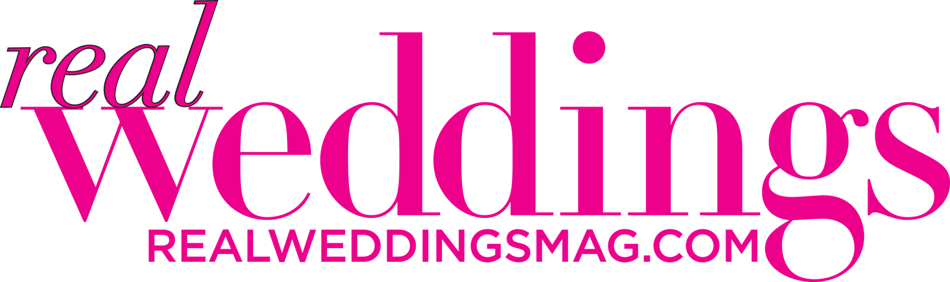 The logo for real weddings magazine is pink and white.