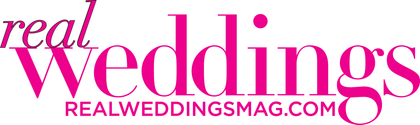The logo for real weddings magazine is pink and white.