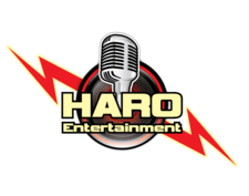 A logo for haro entertainment with a microphone and lightning bolt