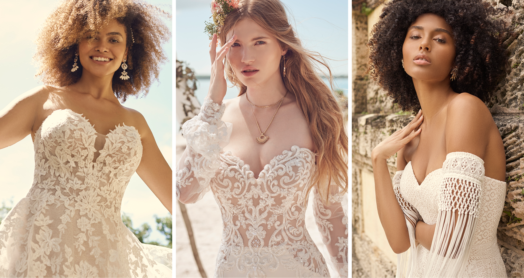 Three women are wearing different types of wedding dresses.