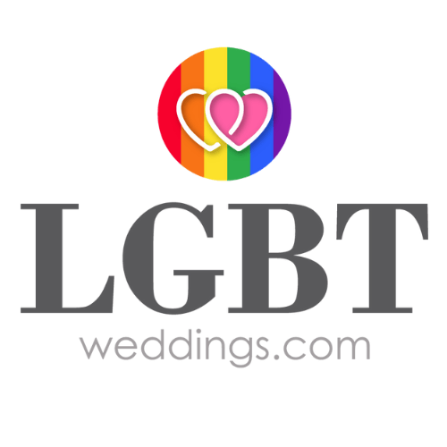 A logo for lgbt weddings.com with a rainbow heart