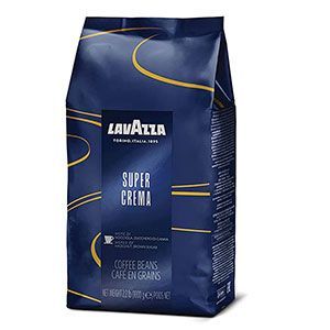 Bolsita de café en grano Lavazza Super Crema azul con detalles dorados.