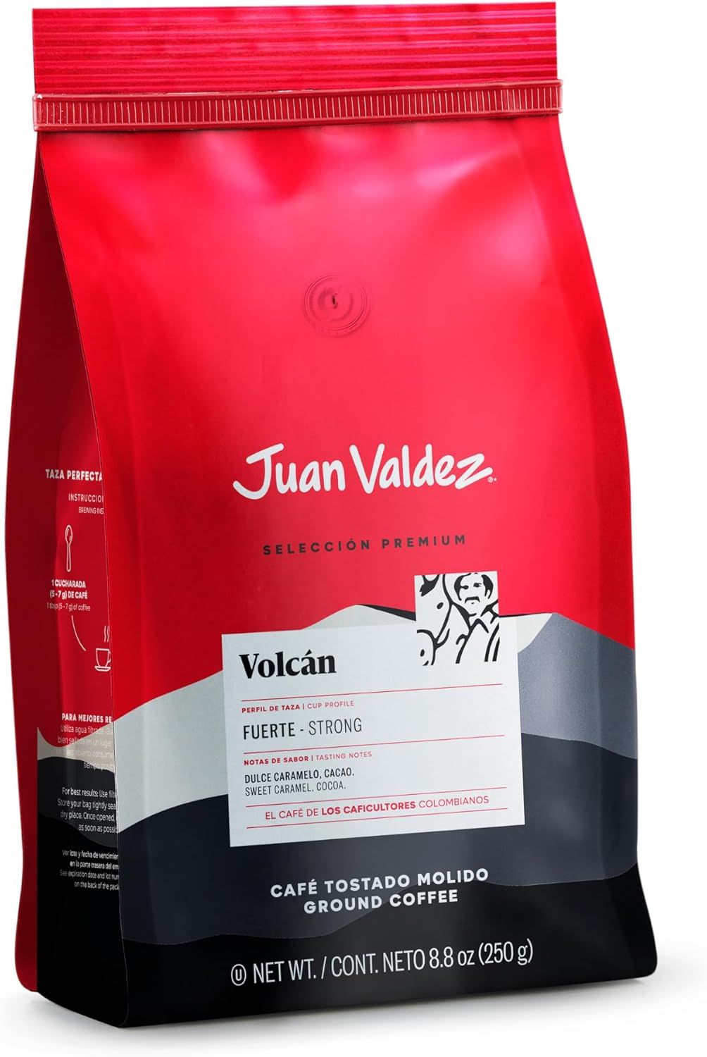 Bolsa de café roja Juan Valdez con etiqueta blanca y base negra, gráfico de montaña.