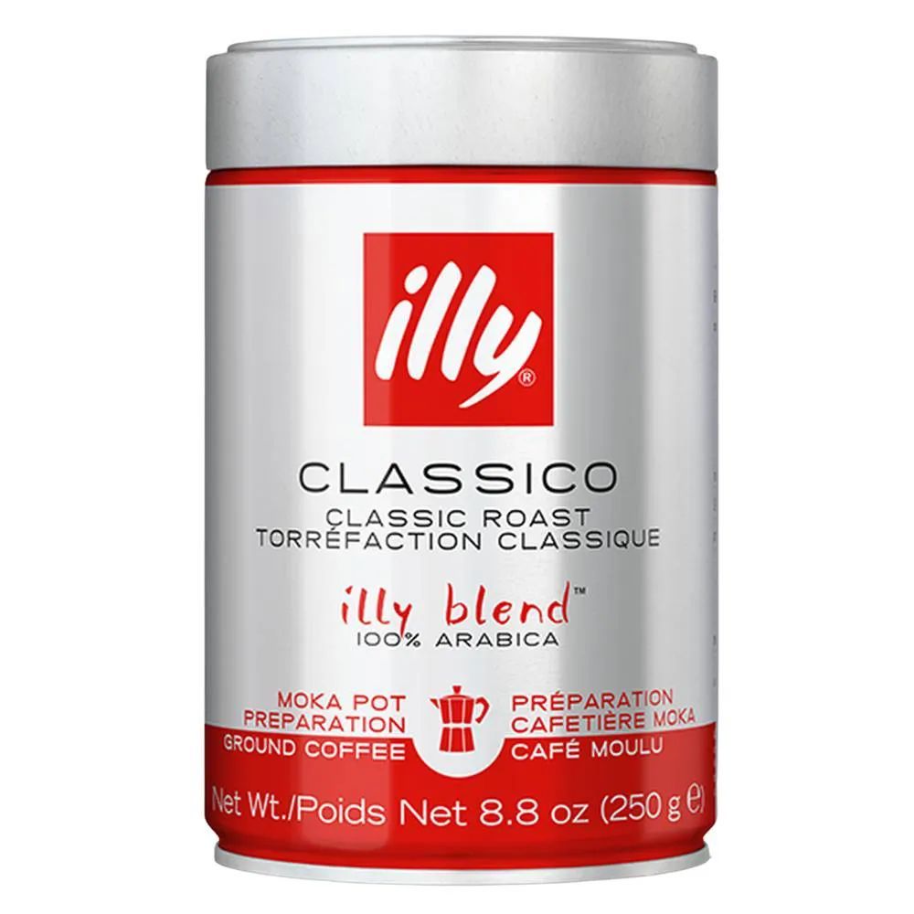 Lata de café molido Illy Classico con marca roja y blanca.