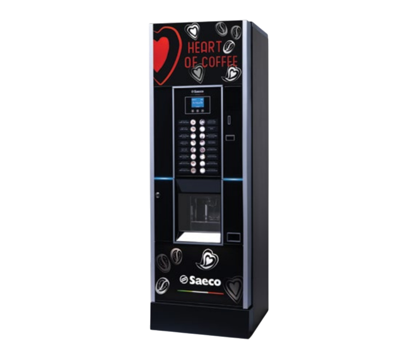 Máquina expendedora de café Saeco de color negro con diseño de corazón rojo, dispensando café.