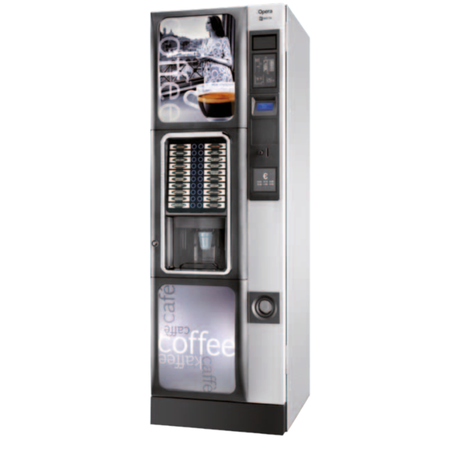 Máquina expendedora de café, en acero inoxidable, con display y botones de selección.