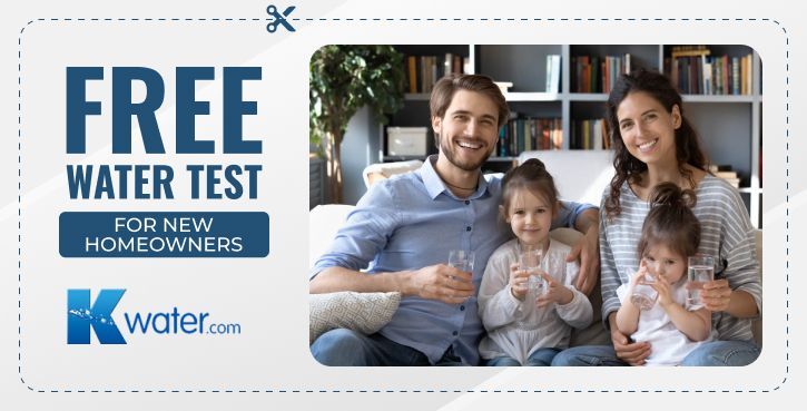 Ad for Kwater: Family holding glasses of water, offering free water test for new homeowners.