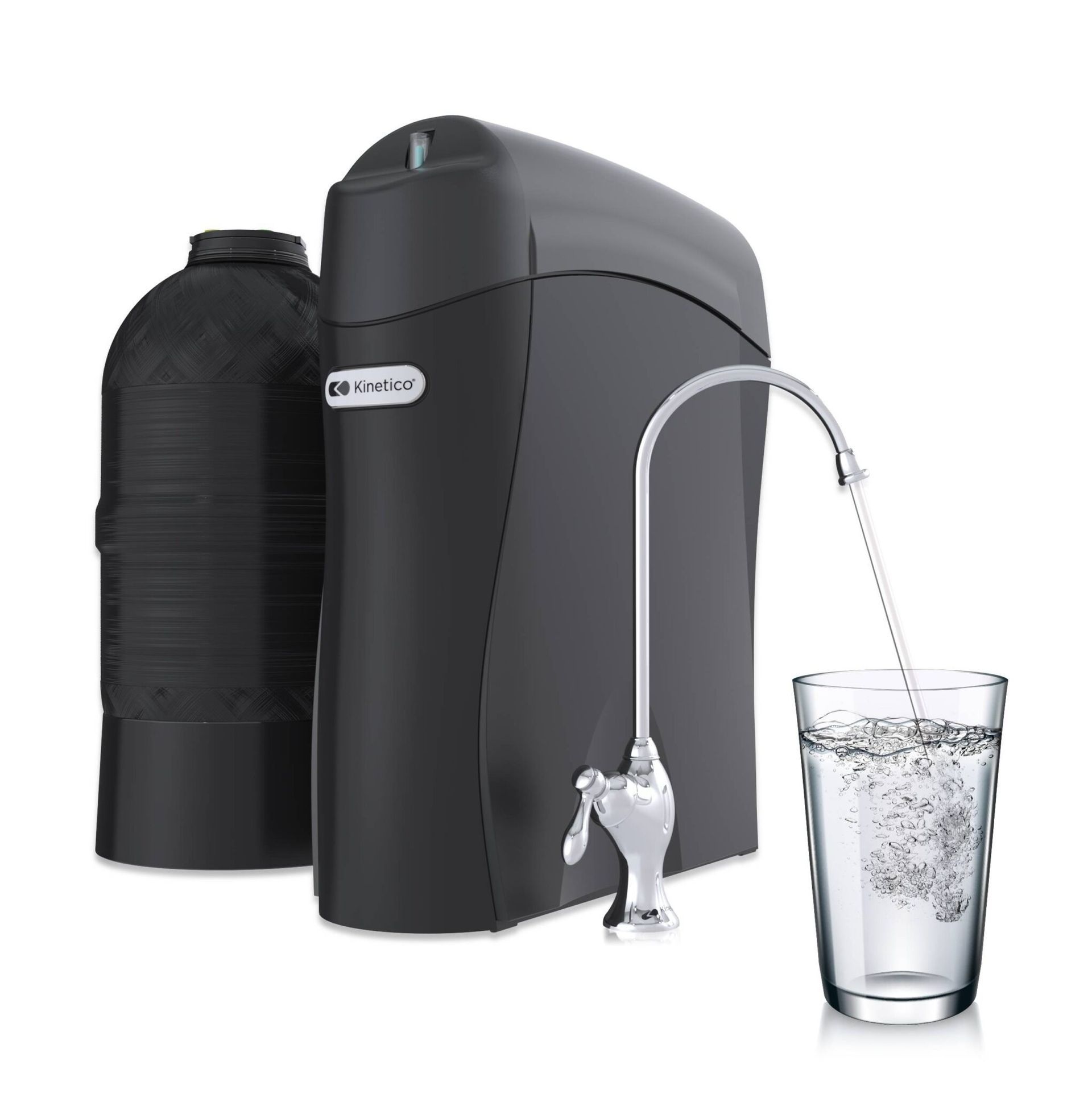A black water filter system dispenses water into a glass. Includes a separate storage tank.