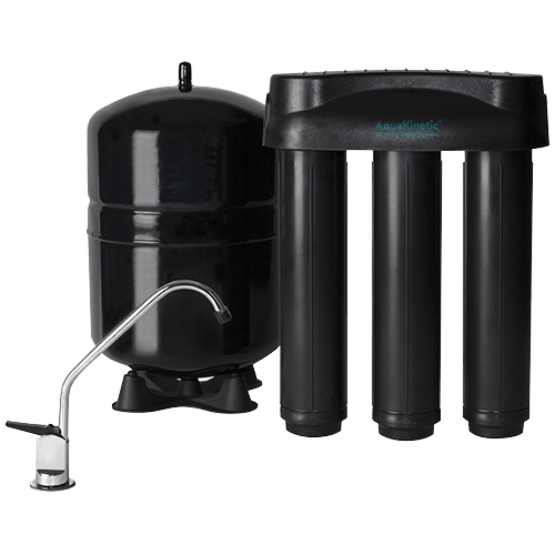 Black water filtration system with tank and faucet.